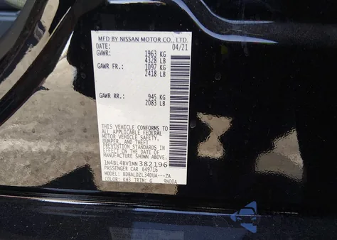 2021 Nissan Altima S Fwd z USA, uszkodzony, nr VIN 1N4BL4BV1MN382196